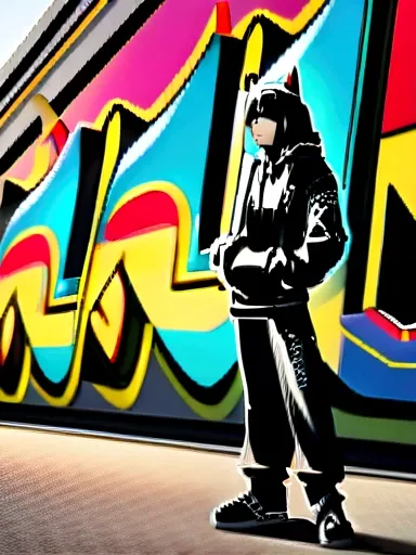 Juri Han, black hair, horns, black Alan Walker hoodie, black leggings, black punk boots, graffiti