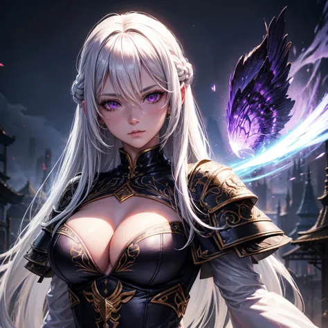 old woman, 1girl, long white hair, small breasts, purple eyes!!!, fair skin, blank face, sexy tight black combat outfit, no helmet, night, medieval japanese town, very sexy body, detailed face, beautiful detailed eyes, beautiful detailed lips, extremely de...