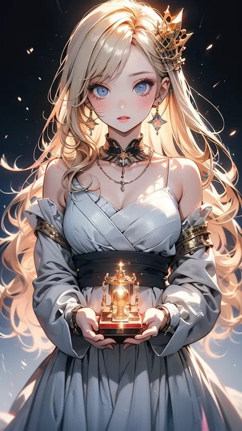 There is a woman in a white dress holding a music box, artwork in the style of Gwaiz, Gwaiz on pixiv artstation, Gwaiz on artstation pixiv, Gwaiz, Fantasy art style, Gwaiz masterpiece, Beautiful and elegant queen, Beautiful character drawings, Detailed dig...