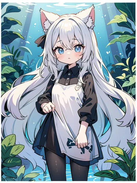 child　dark room　aquarium　gray hair　long hair　cat ear　see-through clothing　tights　one girl　blue eyes