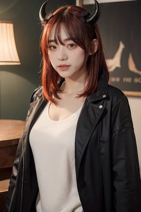 4k, 8k, masterpiece, best quality, upper body, 1girl, looking at viewer, red hair, medium hair, purple eyes, demon horns, black coat, indoors, dimly lit, the age of the actress is 23 years old, open bust, full body, red skin,