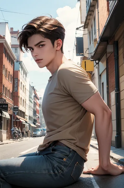 Anime guy, 21 years old, cuberpunk, neutral expression, with brown hair parted in middle, shoulder lengeth brown hair on right side of face, short brown haor smoothed towards back on the left side of face, yellow eyes, clay grey T-shirt, skinny biker jeans...