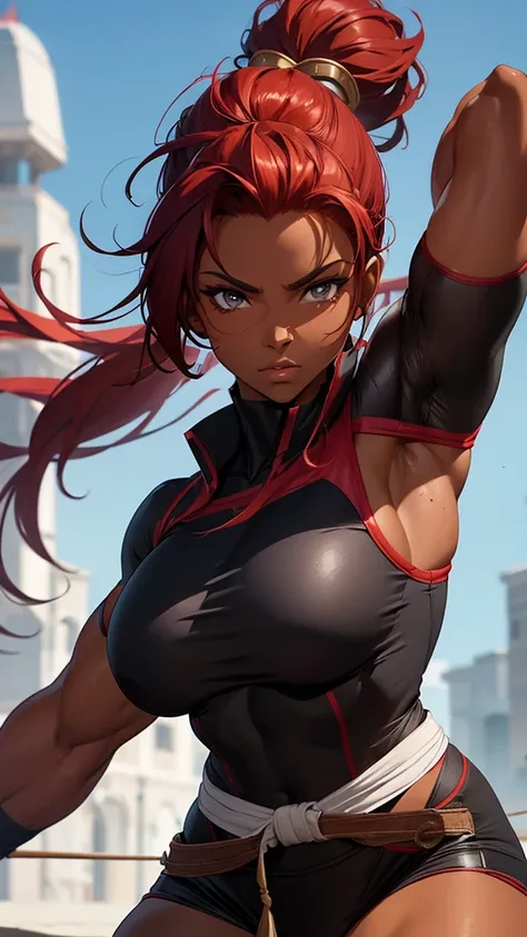 A muscular woman, dark skin wearing medieval karate clothes and red hair