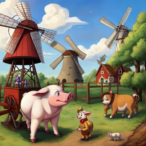 Snowball the pig presents plans for a windmill that will bring improvements, but Napoleon fervently rejects it while the animals watch with interest.* 