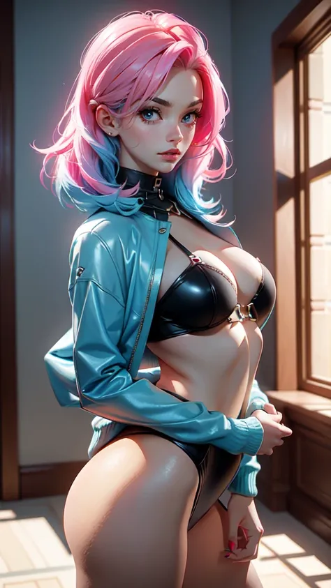 Best Quality, Masterpiece, Portrait, Perfect Anatomy, Femininity, Cool, Flawless, , Solo, Sexy, Stylish, Mature, Long Light pink Hair, Mole Above Lip, Red Lipstick, Big Breasts, Kissing Another Girl with Light blue hair, against the background of the room,...