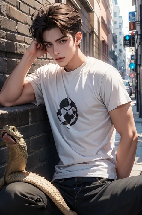 Anime guy, 21 years old, cuberpunk, neutral expression, with brown hair parted in middle, shoulder lengeth brown hair on right side of face, short brown haor smoothed towards back on the left side of face, yellow eyes, clay grey T-shirt, skinny biker jeans...