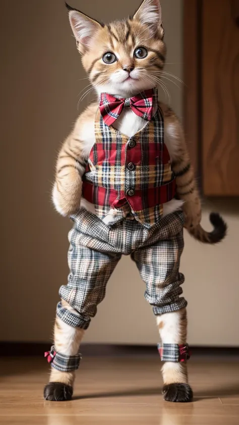 “A high-resolution, full-body shot of a kitten standing on its hind legs like a human. The kitten is wearing a tartan check vest, a red bow tie, and checkered pants. The kitten has short legs and is standing upright in a front-facing position. The image sh...