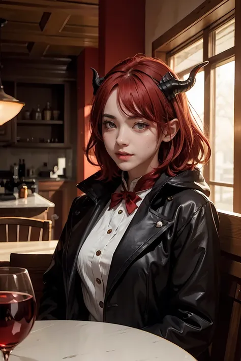 4k, 8k, masterpiece, best quality, upper body, 1girl, looking at viewer, red hair, medium hair, purple eyes, demon horns, black coat, indoors, dimly lit, the age of the actress is 23 years old, open bust, full body, red skin tiefling,