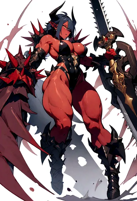 ({masterpiece}},{best quality,}，white background,full body,fantastic,1 female demon，Aggressive，，Red skin，spiked armor，Horns，Chainsaw sword，Brass decoration，Strong muscles，Sexy，({masterpiece}},{best quality}