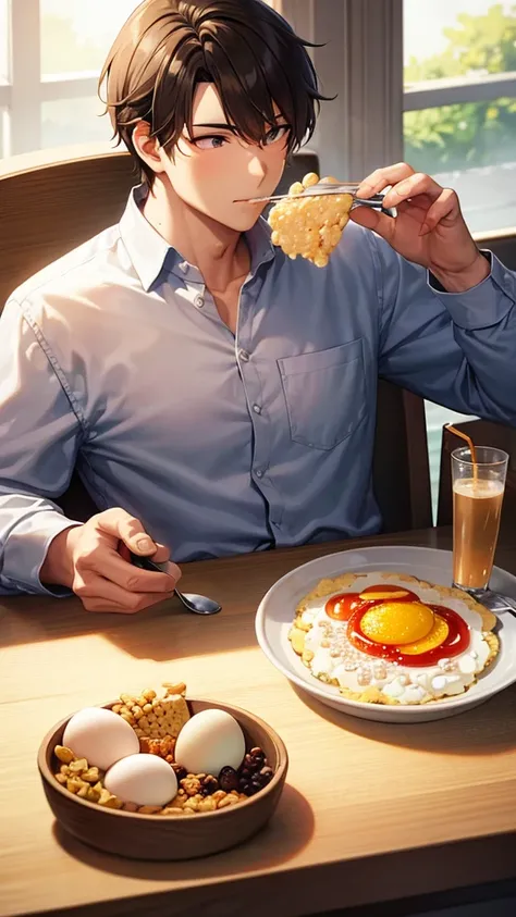 A man eating cereal or eggs at the table.