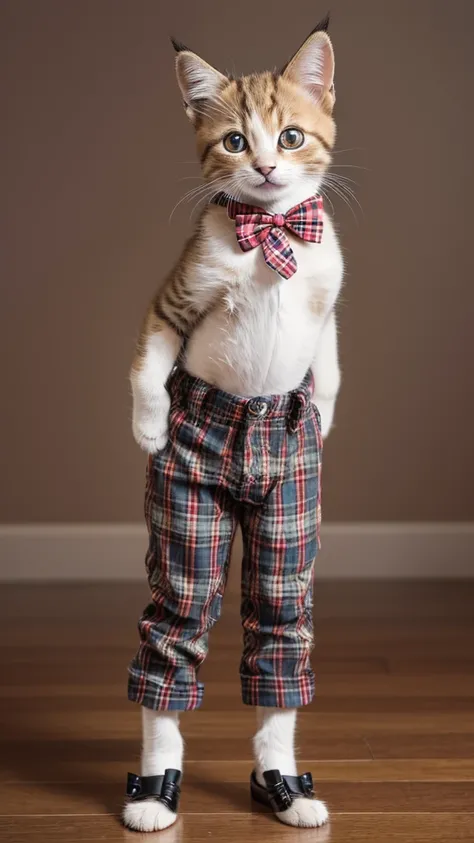 “A high-resolution, full-body shot of a kitten standing on its hind legs like a human. The kitten is wearing a tartan check vest, a red bow tie, and checkered pants. The kitten has short legs and is standing upright in a front-facing position. The image sh...