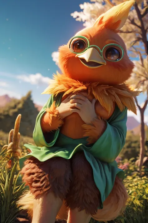 female,bird anthropomorphic,torchic background, (cinematic lighting:1.1), (perfect focus:1.1), 8k hd, (detailed eyes:1.2),depth ...