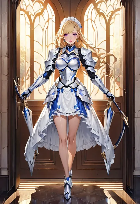 masterpiece、Highest quality、Ultra-high resolution、Maximum resolution、Very detailed、Professional Lighting、anime、Adult female、thin、so beautiful、Beautiful Face、Maid Skirt、((Blue and white armor))、Shiny Armor、Holding a bow、Gold earrings、blonde、Purple eyes、Pink...