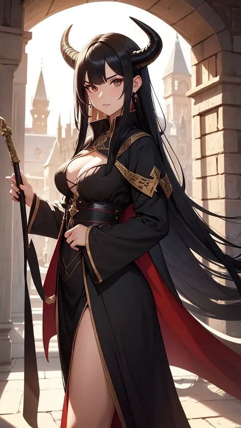 A woman with dragon horns and a dragon tail, black hair and medieval clothes