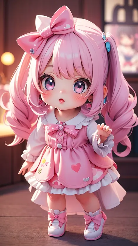 ((quirky, 2girls)), (petite kawaii, bishojo), (kawaii face), (cute eyes), (masterpiece), ((top qualite)), (hyper detailed), ((high resolution)), (exquisite), (depth), ((beautiful and aesthetic)), (full body), (blush), (big bow in hair), (lipstick), (earrin...