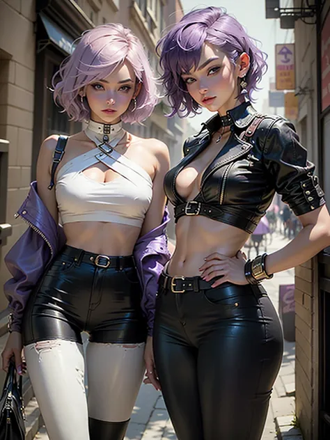 Beautiful woman with violet-colored short hair/lilac, holding an epée, leather pants and short blouse Steampunk style, top cut