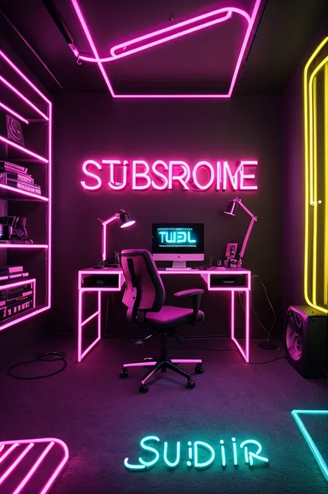 Create an image of a youtuber studio room with a subtitle neon glow make as statement and with bold Rupam lettering make sure the text is not Misspelled 