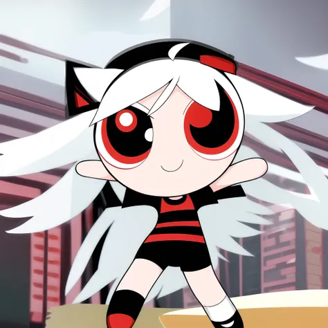 smile,chibi, full body, 1girl, white hair, red eyes, black short sleeve shirt, black shorts,