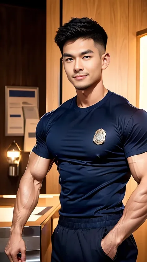 korea male male model sit on the table , big muscles, handsome, cool, smoothly combed hair, pierced ears, wearing a t-shirt navy top, holding a lollipop, portraiture, modeling, dynamic pose, Japanese street, late at night, store lights trade, full half bod...