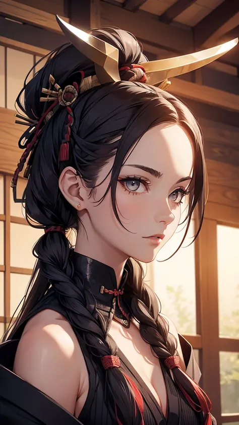 A woman with thin horns, braided hair, Samurai