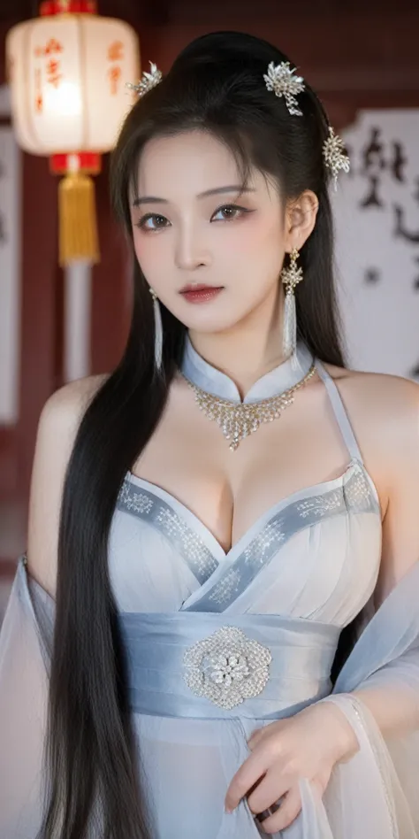 (photorealistic, best quality, ultra high res, extremely detailed eyes and face:1.3),(1girl, solo:1.3),skirt,jewelry,long_hair,necklace,earrings,perfect body,standing,large breasts,looking at viewer,chinese clothes,china dress,hanfu,