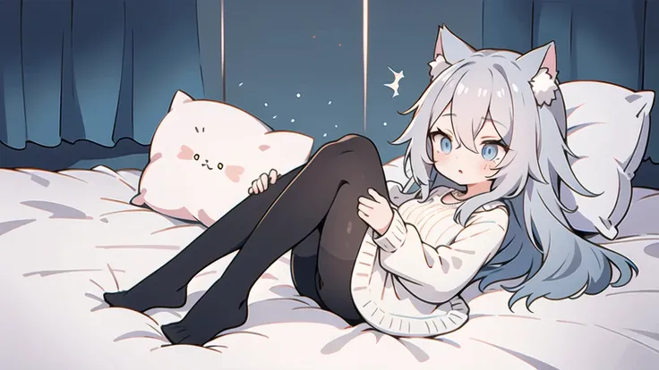 dark room　on the bed　gray hair　long hair　cat ear　tights　one girl　blue eyes