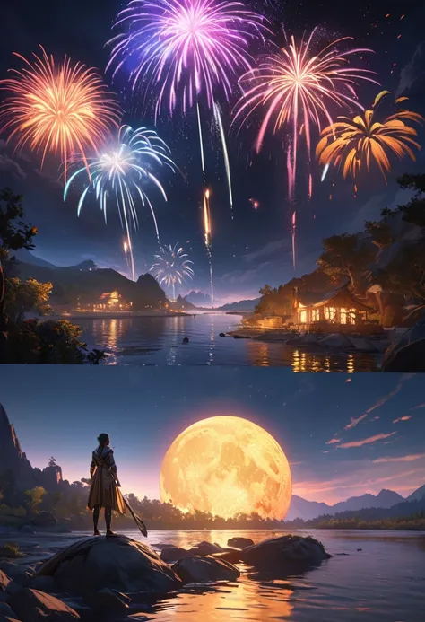 firework、river、A vibrant world illuminated by the colorful explosions, night, moon reflected on the calm water, Sadness depicted through a solitary figure watching the display, 16K, uhd, Unreal Engine, award-winning digital art, highest quality, ultra-high...