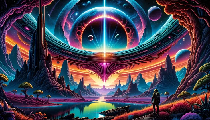 by dan mumford, alien world, deeply vibrant world, centered, symmetry, painted, intricate, sci fi, volumetric lighting, beautiful, rich deep colors masterpiece, sharp focus, ultra detailed, astrophotography. The composition is very detailed, 8K, perfect co...