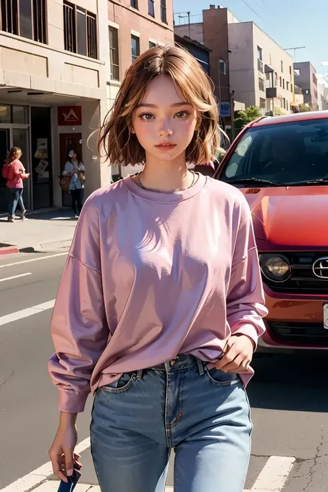 A vision flow of a beautiful woman walking down a street, her pink t-shirt and faded blue jeans illuminated by the sun, a red car passing in the background, and a world of shimmering light.  