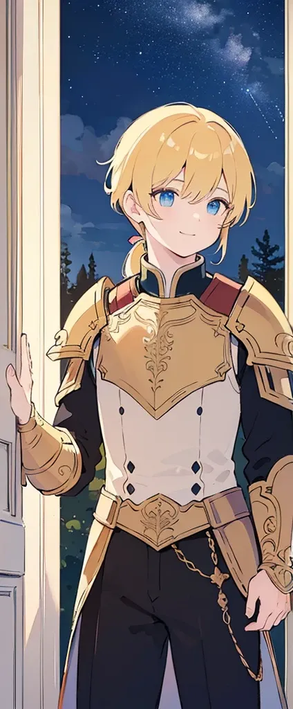 ((masterpiece,best quality,highest quality,illustration,intricate details)),1boy,smile, armor,golden hair,ponytail,
night,starry sky, depth of field, outdoors,