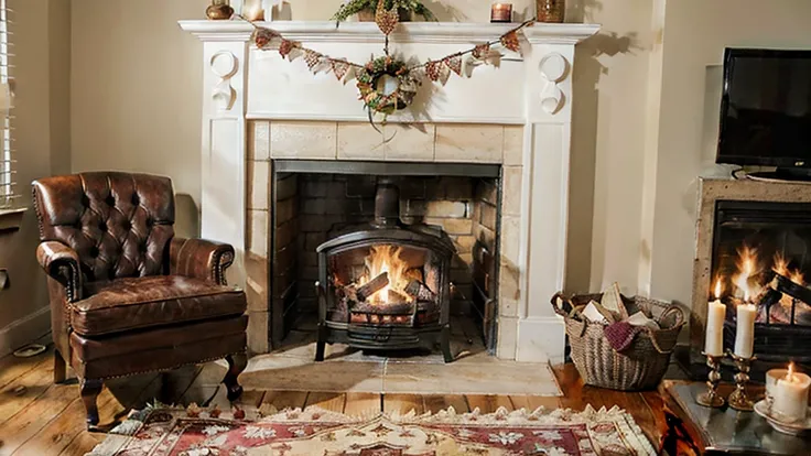 A close-up of a traditional European brick fireplace, occupying almost 90% of the image. The fireplace is adorned with a beautifully carved wooden mantel and an apron decorated with vintage tiles. The fire burns brightly, emitting a warm, cozy glow that fi...