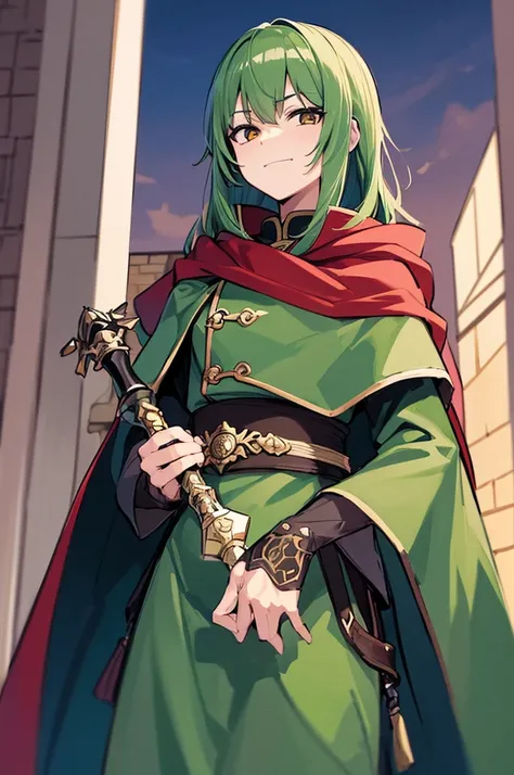 Highest quality, masterpiece, High resolution, alone, （Fire emblem），（FE Heroes_Trabant），Evening sky_background，Middle Age_male，（smug face），（Moss Green_Hair Color）, 4K, masterpiece,， alone, 1,whole body，looking at the camera, Fumaru，Red_Cape，（black_coat），Bi...