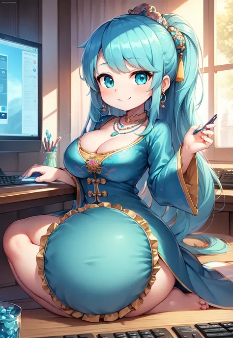 masterpiece, Best quality, ultra detailed, illustration,(1 girl),beautiful detailed eyes, Looking at the viewer, (hold computer keyboard), happy, (turquoise hair:1), (blue round eyes:1), (round earring), (necklace with large turquoise gemstones), cute roun...