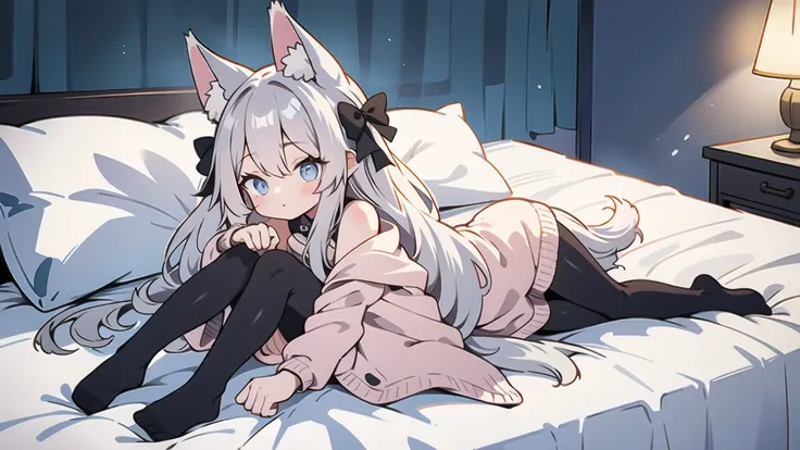 dark room　on the bed　gray hair　long hair　fox ears　tights　one girl　blue eyes