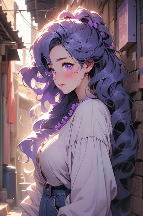 1girl, plump curves, colossal, giant, tall, curled violet hair, long hair, violet eyes, blush, sad smile, dark alley, looking down, shrinking, blouse, coat, jeans