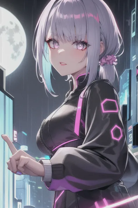 lucy (cyberpunk), 1girl,  hair scrunchie, hime cut, silver hair, colored tips, full moon, grey eyes, jacket, long sleeves, looking at viewer, medium hair, multicolored hair, parted bangs, parted lips, pink hair, portrait, red eyeliner, red lips, solo, whit...