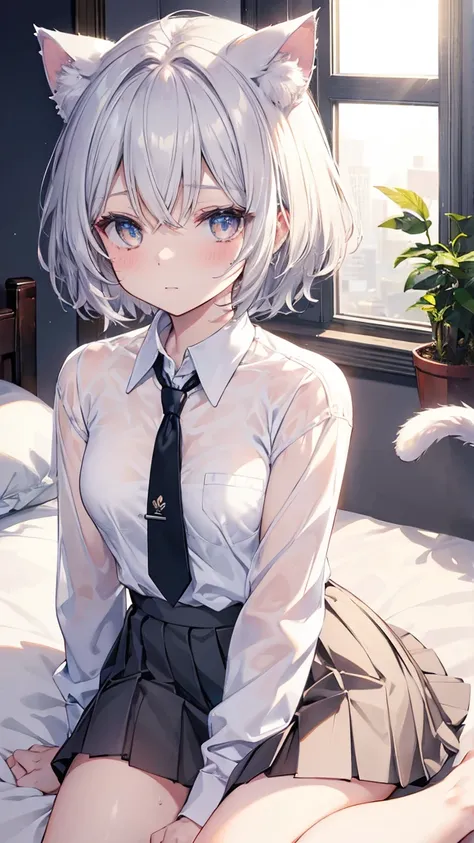 short hair,Short Hair,Straight Hair、Gray Hair、Twinkling eyes、Amber Eyes、Cat ear,Cat tail、White cat,Embarrassing,Lying in bed,,naked,Small breasts、shine、reflected light、Film Grain、masterpiece、Textured skin、Super Detail、High Detail、high quality、最high quality...