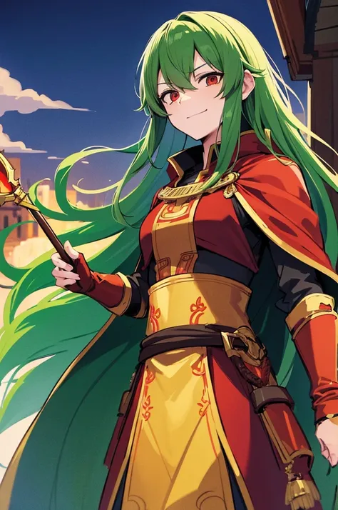 Highest quality, masterpiece, High resolution, alone, （Fire emblem），（FE Heroes_Trabant），Evening sky_background，Middle Age_male，（smug face），（Moss Green_Hair Color）, 4K, masterpiece,， alone, 1,whole body，looking at the camera, Fumaru，Red_Cape，（Dark Green_coa...