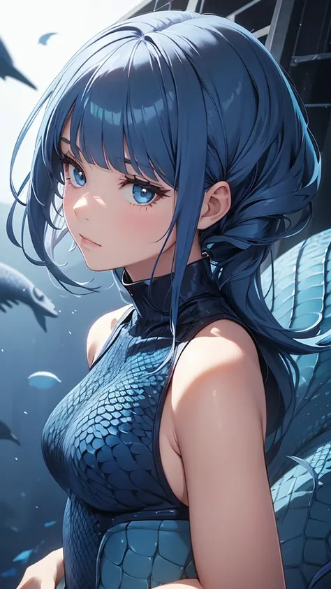 A girl with gills and scales, navy blue hair