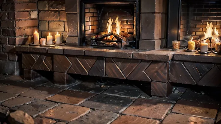 A close-up of a cozy crackling fireplace at nighttime, occupying almost 90% of the image. The fireplace features a traditional brick style with intricate European decor. The scene is warmly lit by the flickering flames and several lit candles placed on the...