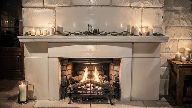 A close-up of a cozy crackling fireplace at nighttime, occupying almost 90% of the image. The fireplace features a traditional brick style with intricate European decor. The scene is warmly lit by the flickering flames and several lit candles placed on the...