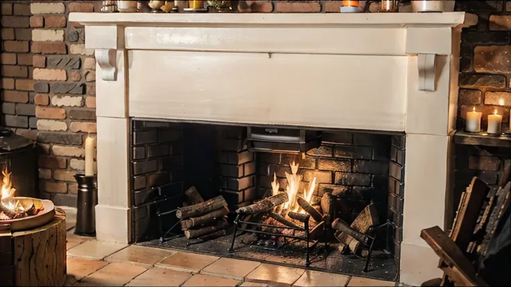 A close-up of a cozy crackling fireplace at nighttime, occupying almost 90% of the image. The fireplace features a traditional brick style with intricate European decor. The scene is warmly lit by the flickering flames and several lit candles placed on the...