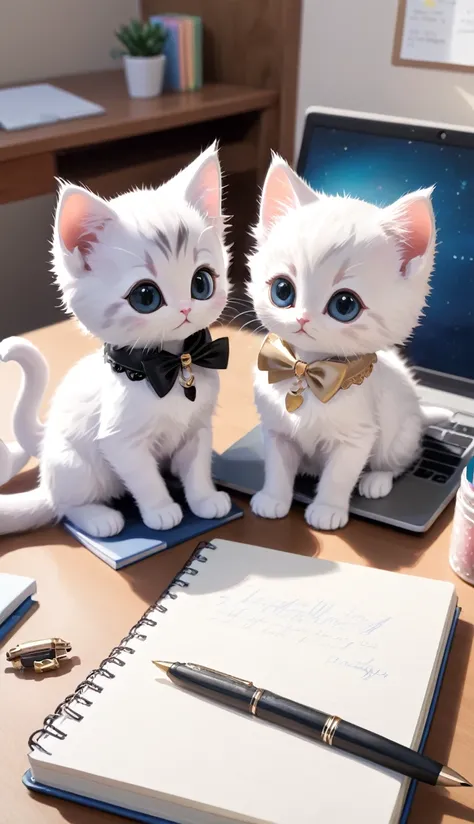 A photorealistic image of two small kittens sitting on a desk, both wearing bunny costumes. The kittens look very cute with big eyes gazing at the camera. On the desk, an open laptop can be seen, and in front of it, there is a notebook and a pen. The noteb...