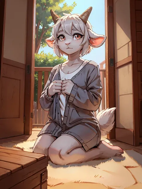 A light gray furry goat girl with sliver eyes 