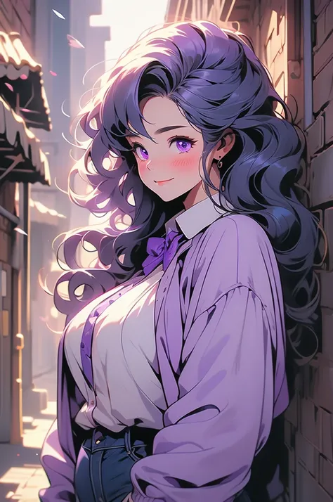 1girl, plump curves, colossal, giant, tall, curled violet hair, long hair, violet eyes, blush, sad smile, dark alley, looking down, shrinking, blouse, jacket, jeans