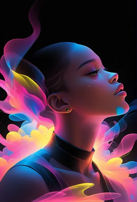 A portrait of an African American man with his hand on the side of her face, looking up at space in the style of colorful neon light against a dark background in vibrant colors in the charcoal drawing style