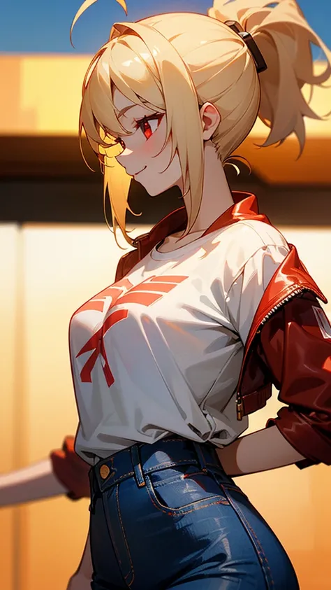 1 Girl、8K、Sharp focus、(Bokeh) (Highest quality) (Detailed skin:1.3) (Intricate details) (anime)、 years old、Blonde ponytail、Ahoge、Beautiful red eyes、smile、White T-shirt、Red leather rider jacket、Blue Jeans Pants、Slender body、profile、Upper body close-up、Golde...