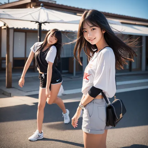 Beautiful 19 year old, intelligent and sophisticated Japanese girl. Hair in a long, smile that exudes kindness and young power, one piece summer 2023. Medium-light, high speed shutter combined with modern photographic narrative action, ample lighting, clea...