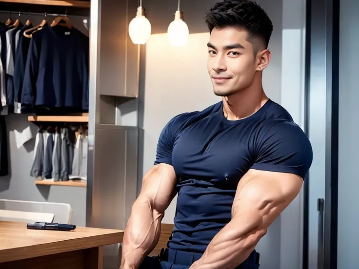 korea male male model sit on the table , big muscles, handsome, cool, smoothly combed hair, pierced ears, wearing a t-shirt navy top, holding a lollipop, portraiture, modeling, dynamic pose, Japanese street, late at night, store lights trade, full half bod...