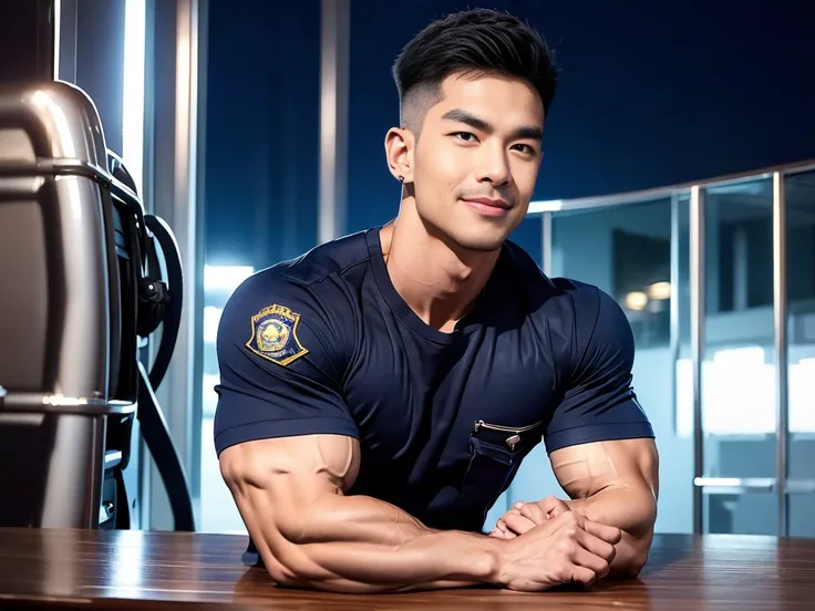 korea male male model sit on the table , big muscles, handsome, cool, smoothly combed hair, pierced ears, wearing a t-shirt navy top, holding a lollipop, portraiture, modeling, dynamic pose, Japanese street, late at night, store lights trade, full half bod...